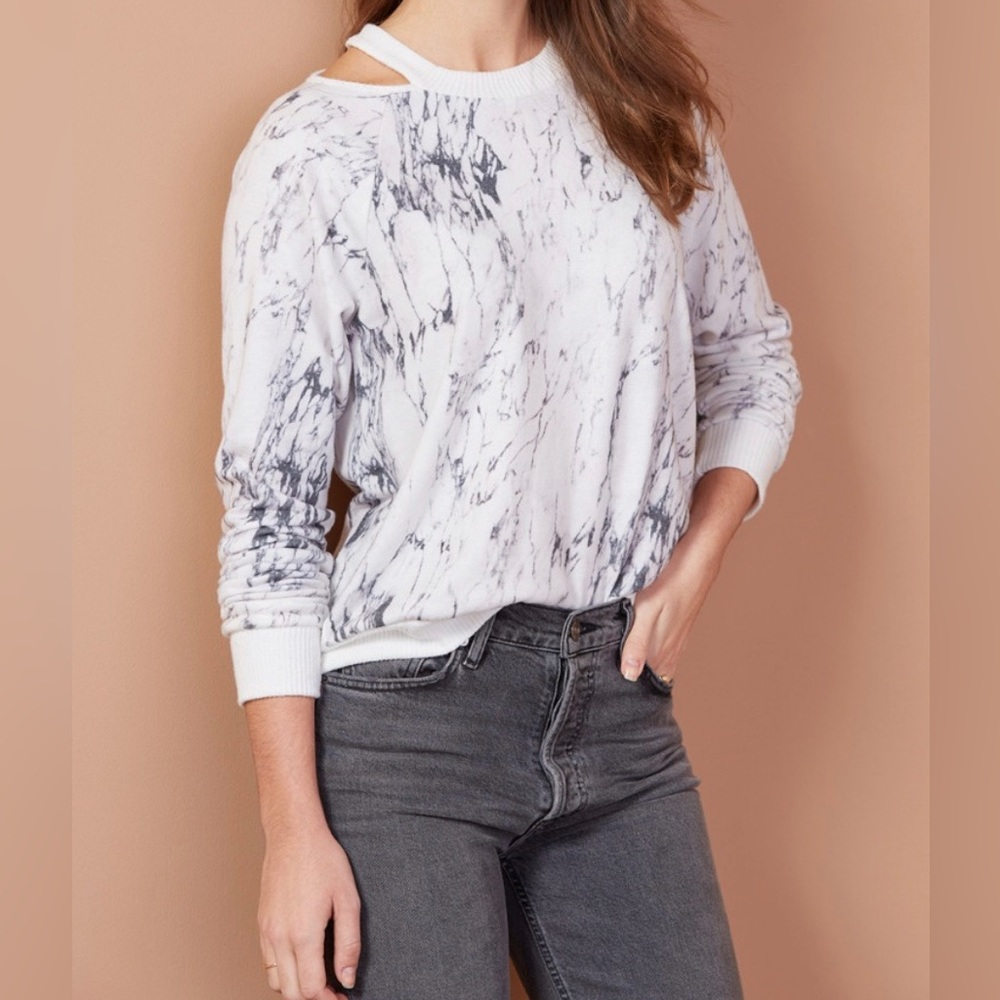 Red Haute marble print sweatshirt with cut out on shoulder
